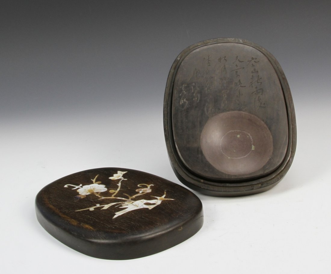 Chinese Inkstone with Box: China, ink stone with box, ovoid shape, cover with inlay of bird and flower. Length: 7 in., Width: 5 1/2 in._x000D_