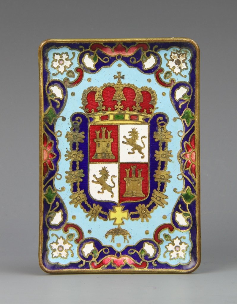 Russian Enameled Small Tray: Russia, enameled and gilt small tray, featuring a crowned crest in the center with lions and castles, floral motif around outer edge, full gilt bottom. Width 2 1/2 in., Length 3 5/8 in.