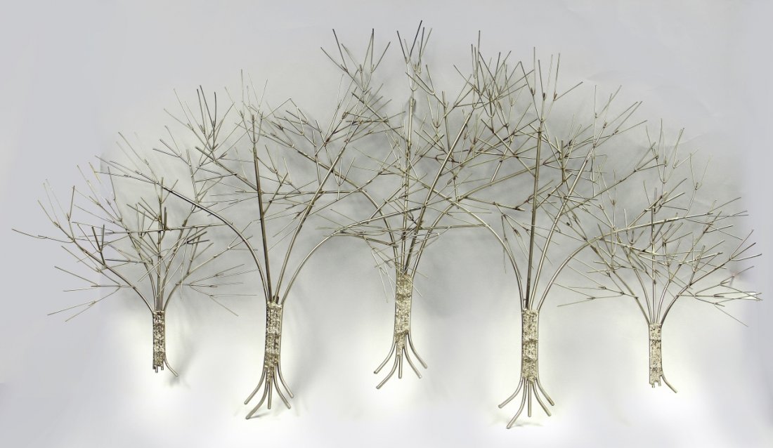Large Stainless Steel Sculpture: Large stainless steel sculpture, in the shape of trees with multiple branches, each separate metal rod is welded together in the form of trunks, the trunks are textured, in the manor of "Bertoia", sig