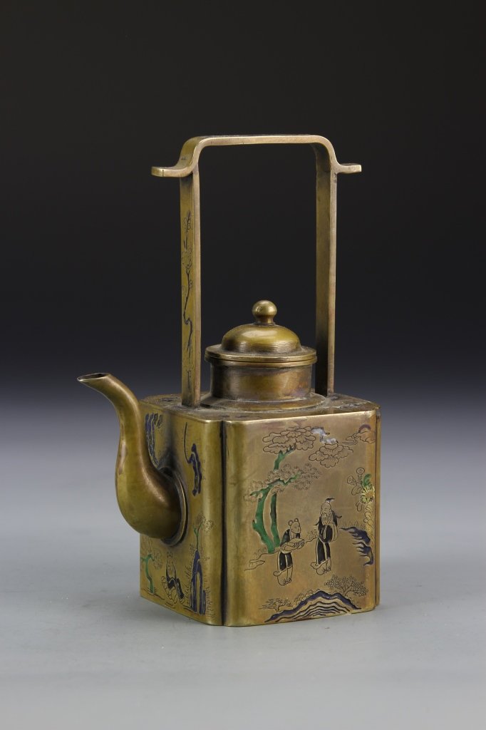 Chinese Enameled Copper Wine Pot: China, enameled copper wine pot, square body, with thin high handle, narrow spout, cover with circular knop, and colored incised motif on body, mark. Height 7 in.