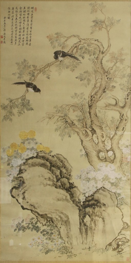 Chinese Framed Classic Painting: China, framed classic painting, ink and color on paper, depicting flowering plants and birds, attributed to Zhou Yi-Gu. Length 41 in., Width 20 in. Provenance: From a private Annapolis, Maryland estat