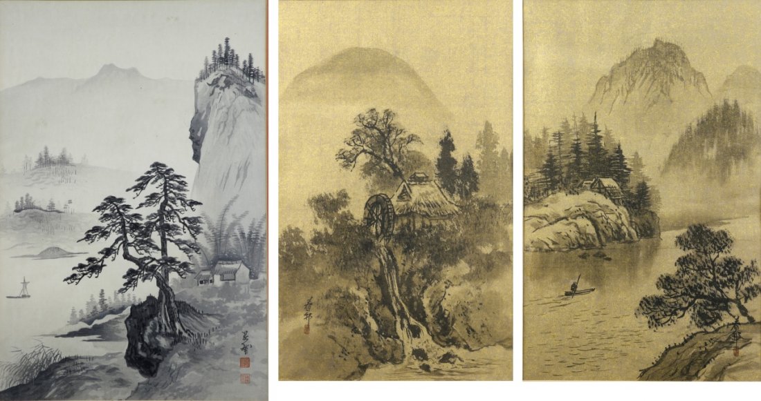 Three Framed Chinese Scroll Paintings: China, three framed scroll paintings, two coastal landscapes with mountains and foliage, one jungle landscape with a house nestled amongst trees and a stream. Length 18 1/2 in., Width 11 1/2 in.