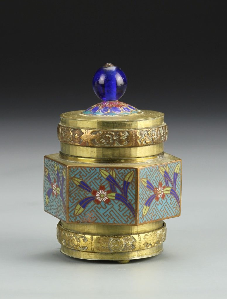 Chinese Enameled Copper Box: China, ROC Period, enameled copper box, in hexagonal form, with bright blue floral motifs across the body, and cover. Height 4 in.