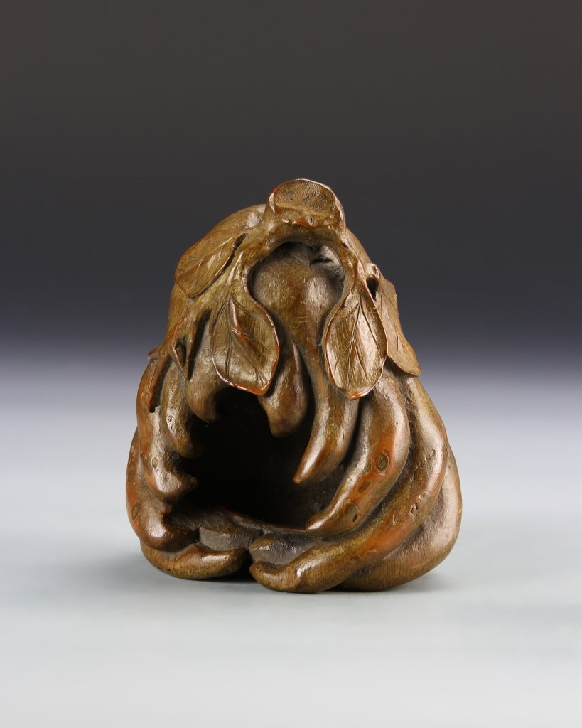 Chinese Bamboo Brush Washer: China, 19th C., bamboo brush washer, with deeply carved details, floral motifs, and natural wood grain showing. Height 4 1/4 in., Width 5 in., Depth 2 1/2 in.