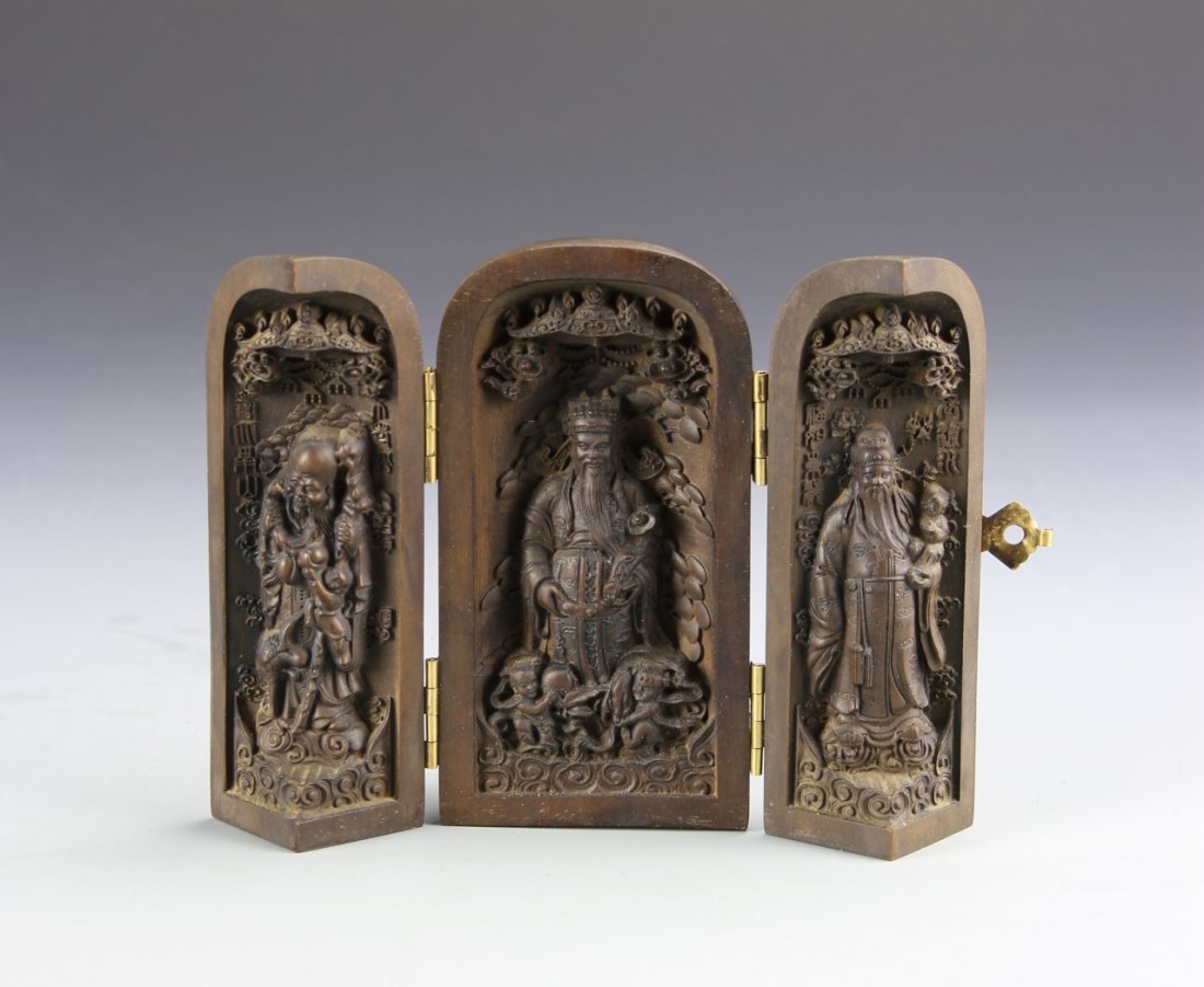Chinese Carved Wood Buddhist Prayer Shrine: China, carved wood Buddhist prayer shrine. Height 4 in.
