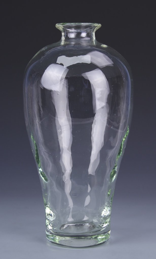 Chinese Peking Glass Meiping Vase: China, 19th C., Peking glass Meiping vase, short base with bulbous shoulders and thin short lip, hues of deep green are visible in the body. Height 11 1/4 in.