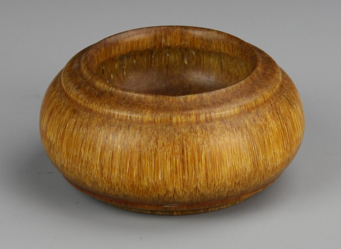 Chinese Carved Horn Brush Washer: China, 19th C., carved horn brush washer, in round form, with a double ring carved rim, and a flat base. Height 3 in., Width 1 3/4 in. _x000D_ Federal regulations prohibit the shipment of horn. In-hou