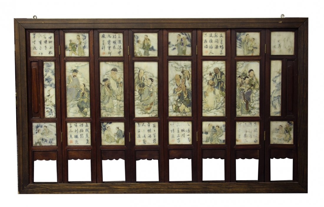 Chinese Marble Table Screen with Wood Frames: China, 19th C., painted table screen, wood frames with marble panels, painted with figures on one side and landscape scenes on the other. Height 24 3/4 in., Width 40 in.