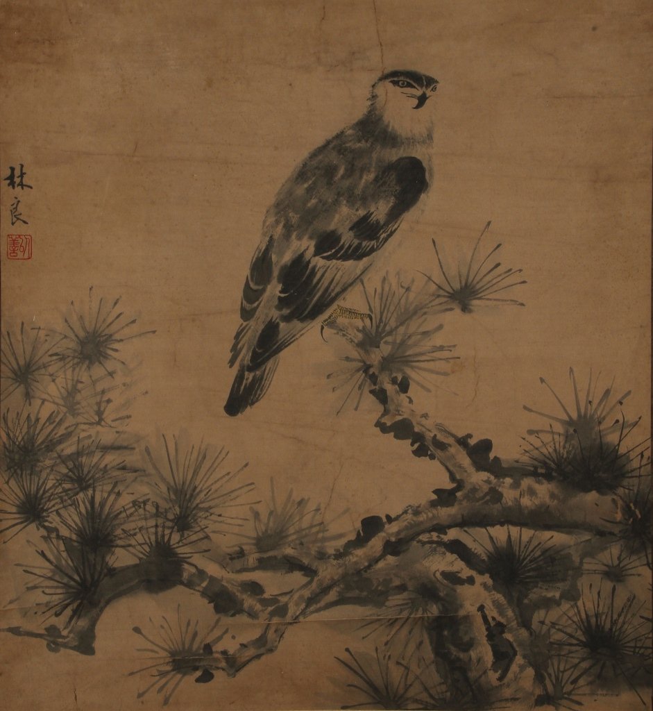 Chinese Scroll Painting of Birds and Flowers: China, scroll painting of birds and flowers, in black and gray hues, with detailed painted accents, signed Ling Liong. Height 26 1/2 in., Width 23 5/8 in.