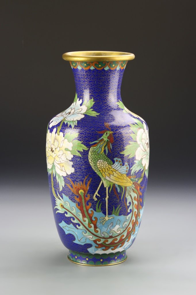 Chinese Cloisonne Vase: China, ROC Period, cloisonne vase, raised base, with high shoulder, narrow neck and flared rim, blue ground, with brightly painted motif, gilt rim . Height 12 1/4 in.