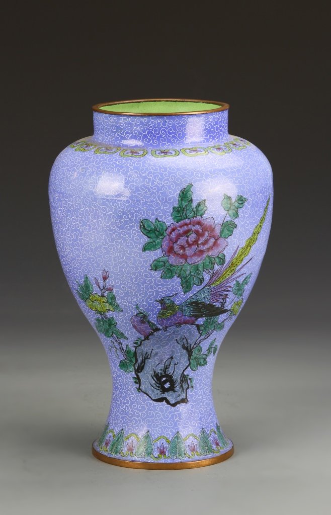Chinese Enameled Copper Vase: China, 19th C., enameled copper vase, with a high shoulder, sloping to a flared base, and floral and bird motifs against a light blue background. Height 10 in.