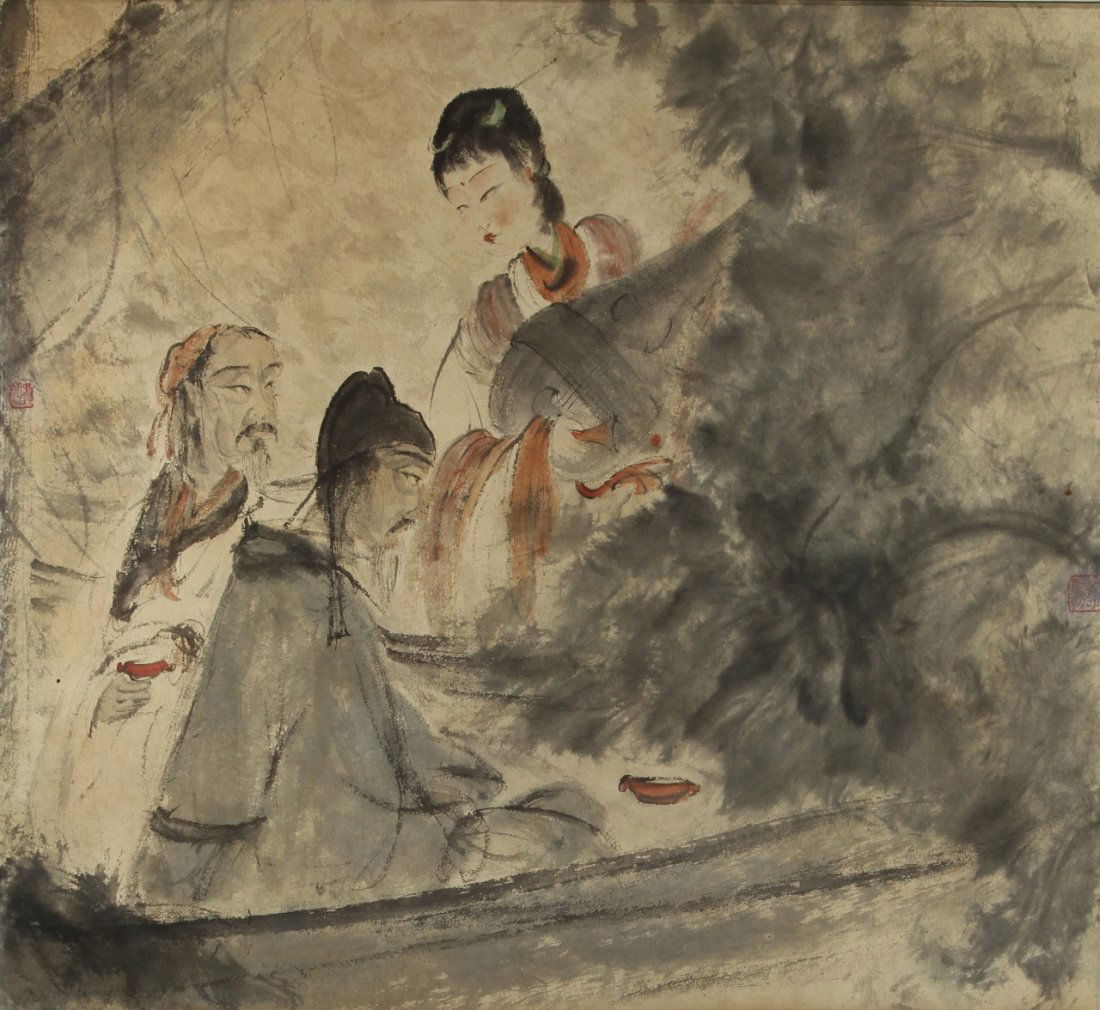 Chinese Scroll Painting: China, scroll painting, of figures, signed Fu Baoshi. Width 24 in., Length 27 in.