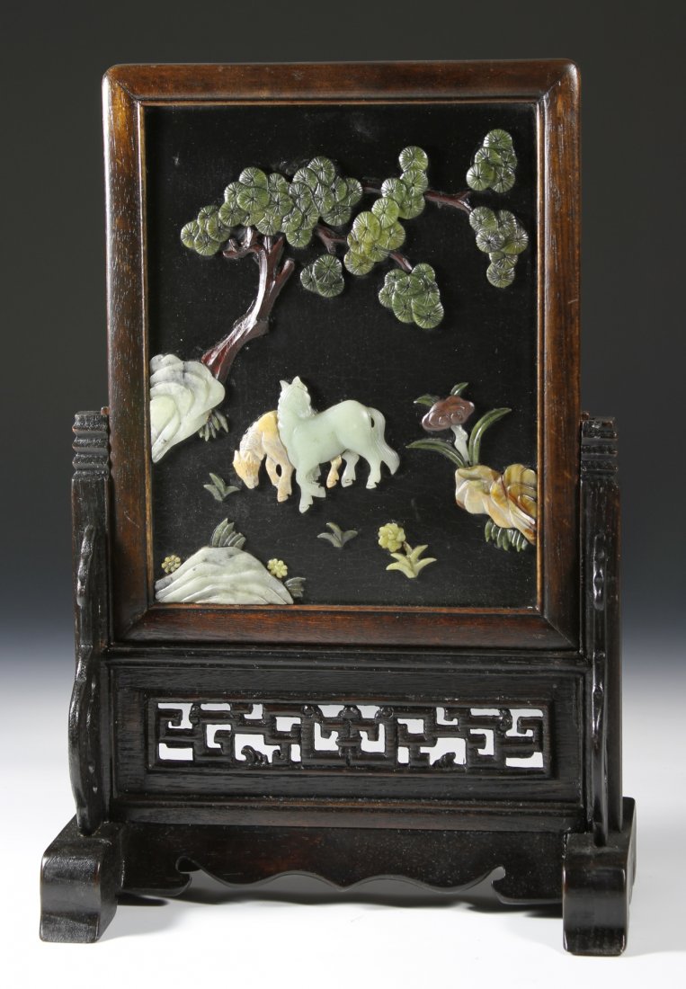 Chinese Screen with Jade Inlays: China, Early 20th C., dark colored screen with jade inlays, depicting a scene of horses grazing in a field under a tree. Width 10 1/2 in., Height 15 1/2 in.