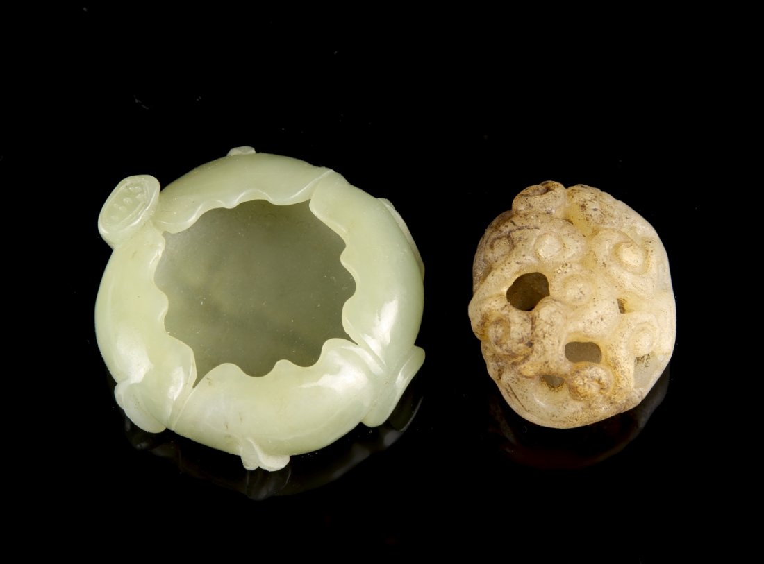 Two Chinese Jade Items: China, 19th C., two jade items, one pendant and one miniature brush washer. Diameter 2 1/8 in.