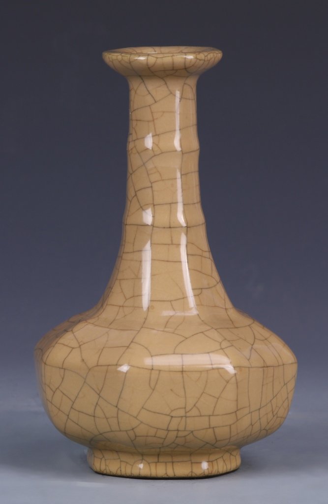 Chinese Ge Ware Vase: China, Ge ware vase with crackle tan glaze, with wide short body and tall neck and slightly flared lip. Height 6 in.