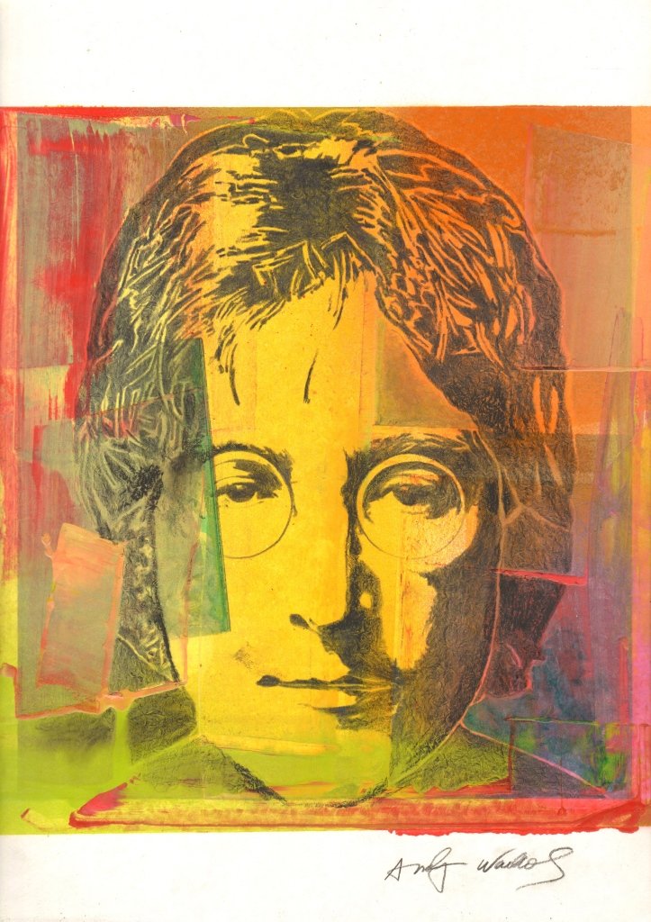 Woven Paper Silk Screen of John Lennon: Hand Painted Woven Paper Silk Screen of John Lennon, signed Andy Warhol. Dimensions 11 1/2 in., 16 1/2 in.