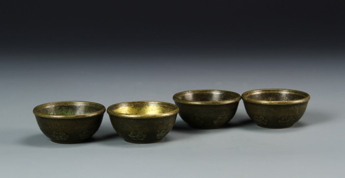 Chinese Four Brass Buddhist Bowls: China, Four Brass Buddhist Bowls with Mark on Base. 2 1/2 in., 1 1/8in.