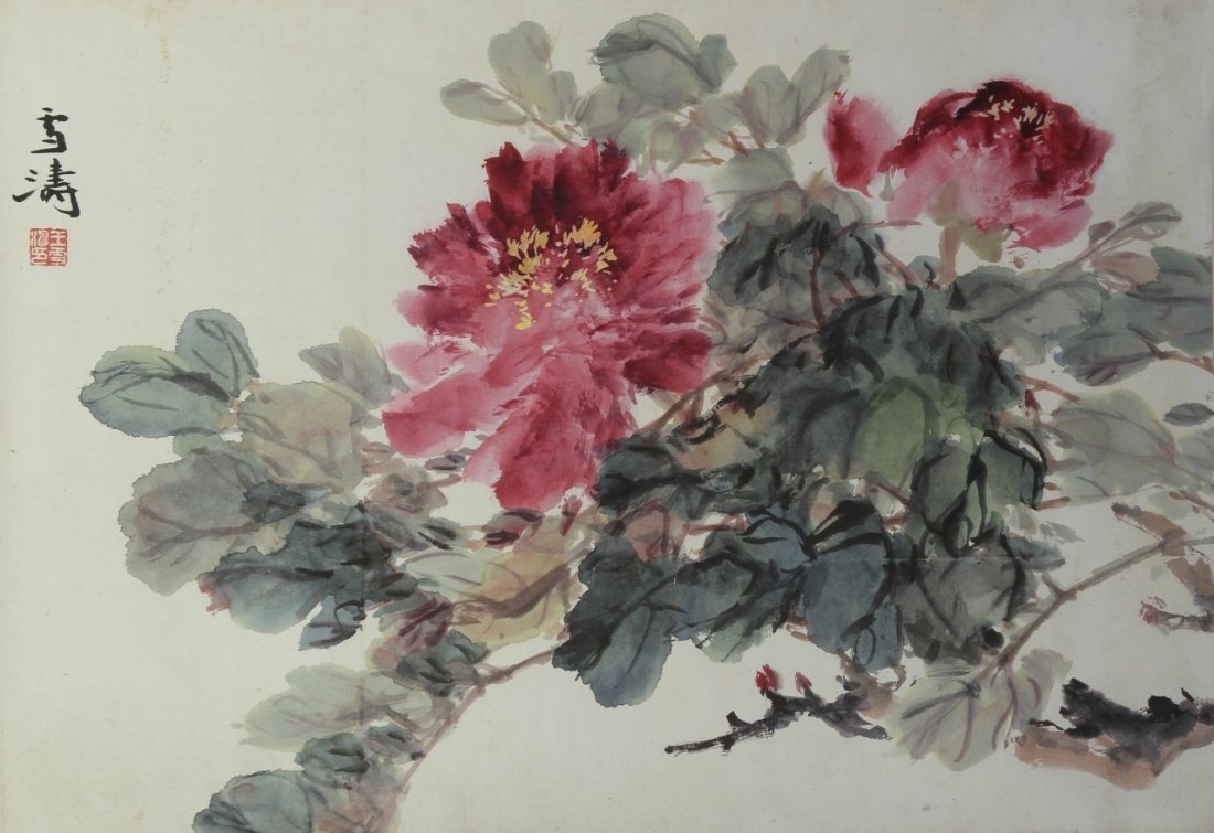 Chinese Scroll Painting, Attributed to Wang Xuetao: China, 20th C., scroll painting, ink and color on paper, image of vibrant pink flowers and leaves, mounted on a silk scroll, calligraphy signature and red seal, attributed to Wang Xue Tao. Width 15 1/
