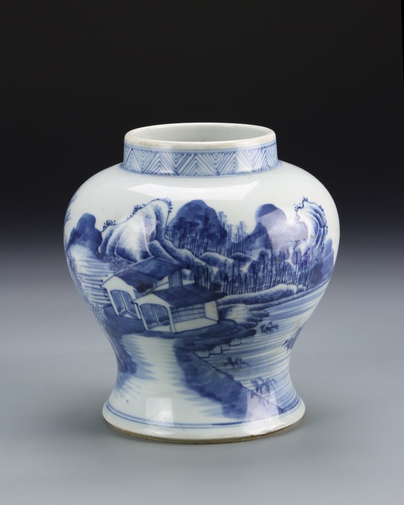 Chinese Blue and White Jar: China, 19th C., blue and white jar, with a high rounded shoulder, tapering to the flared base, and detailed landscape motifs, double ring mark on base. Height 6 1/2 in.