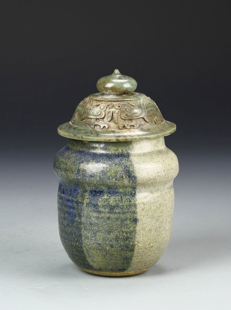 Studio Pottery Jar with Carved Jade Cover (1 of 4)