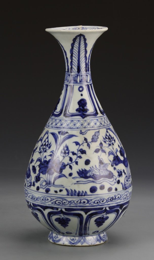Chinese Blue and White Yuhuchunping Vase: China, antique blue and white Yuhuchunping vase, with duck in water motif, linear details, and floral decoration, minor crack on rim. Height 12 in.