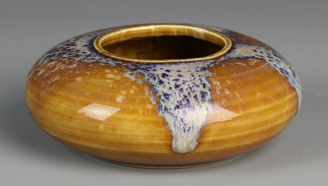 Chinese Brown-Glazed Brush Pot: China, antique brown-glazed brush pot, in a rounded form, light colored glaze designs emit from the opening, high shine surface. Height 3 3/4 in.