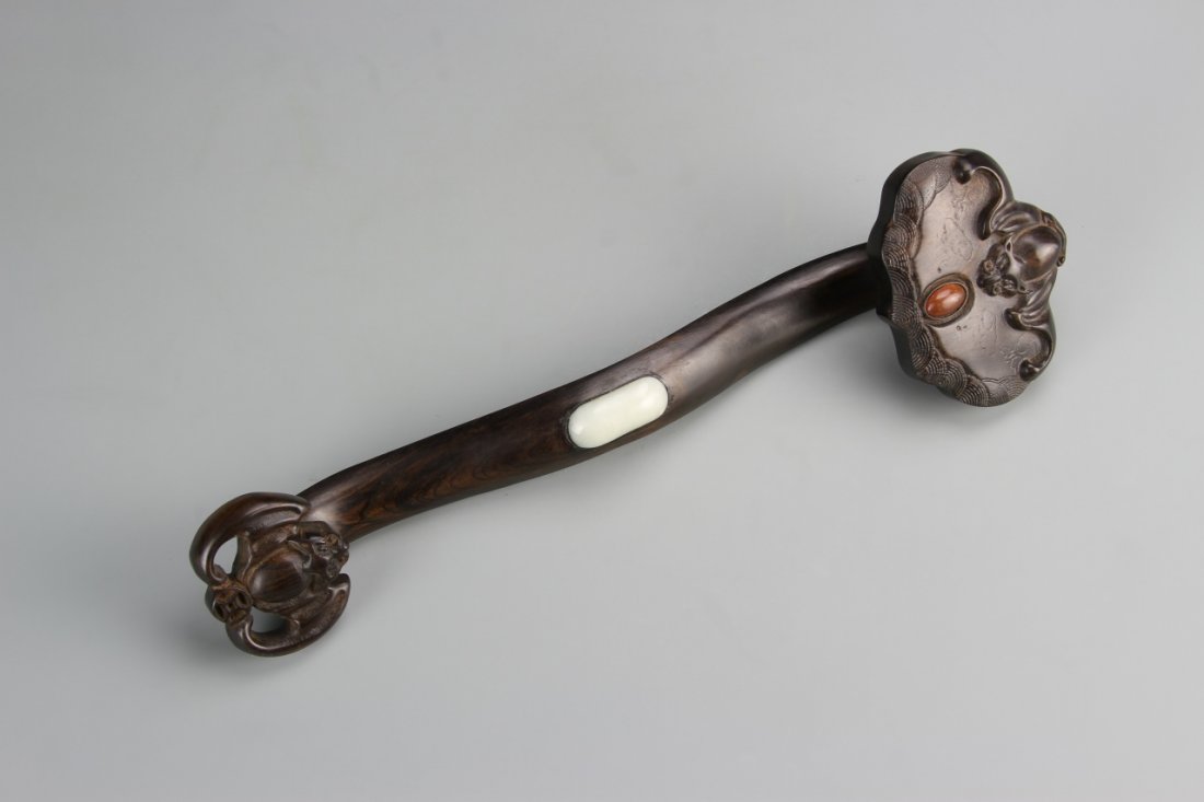 Chinese Wood Ruyi Scepter: China, RCO Period, wood ruyi scepter, with inlays. Length 10 7/8 in.
