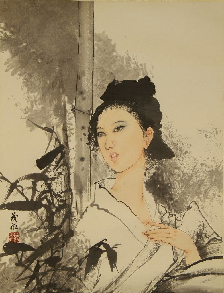 Chinese Scroll Painting of A Lady: China, scroll painting of a lady, three quarter image of a robed woman in a bamboo landscape, ink and color on paper, calligraphy at left with red seal. Width 12 in., Length 14 1/2 in.