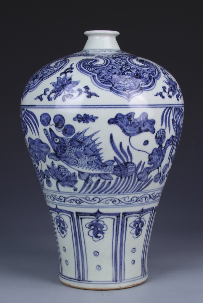 Chinese Yuan Style Blue And White Meiping Vase: China, Yuan style blue and white Meiping vase, the body tapering from the high rounded shoulder to the foot, with flat base, with floral and fish motifs. Height 12 in.
