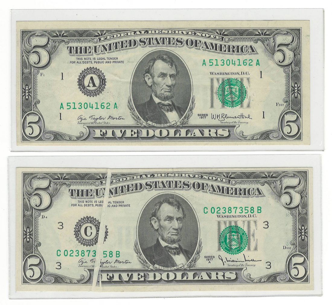 Five Misprinted U.S. Bank Notes: America, five bank notes with misprinting errors, two five dollar bills with Abraham Lincoln portrait, one ten dollar bill with Hamilton portrait, two one dollar bills with Washington portrait, some p