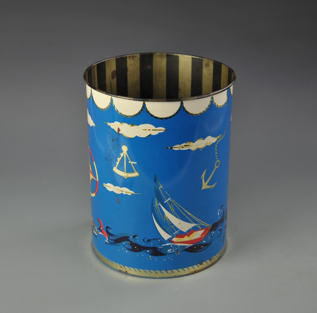 Nautical Themed Waste Can: England, vintage nautical themed waste can, signed, master crafted metal ware. 10 in., 8 in.