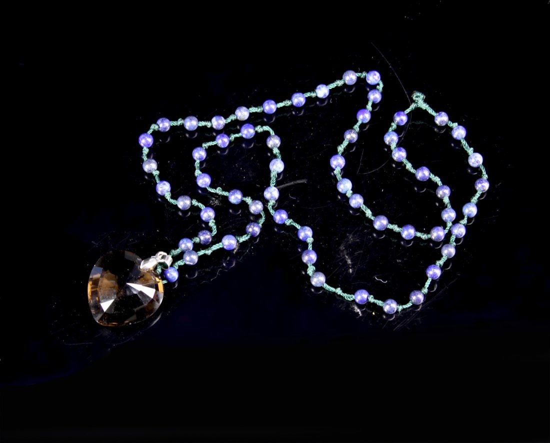 Chinese Lapis Necklace with Turquoise Pendant: China, antique lapis necklace with smoky turquoise pendant