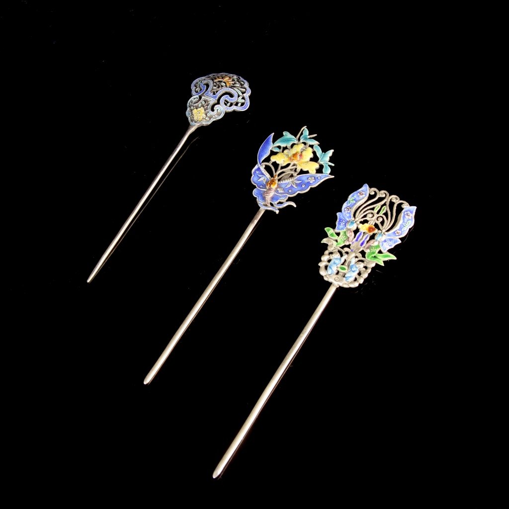 Three Chinese Enameled Silver Hair Pins (1 of 4)