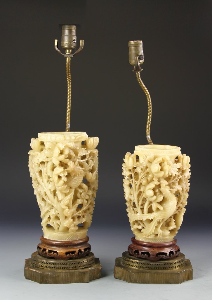 Pair of Chinese Soapstone Converted Lamps (1 of 4)