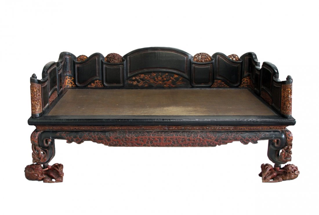 Chinese Black Lacquered Hardwood Bed (1 of 10)