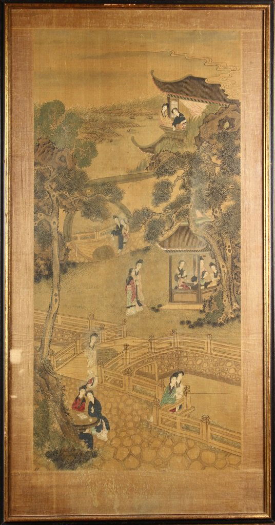 Chinese Landscape Painting: China, framed landscape painting, depicting multiple, robed female figures standing in a colorful landscape. Width 16 in., Height 32 in.