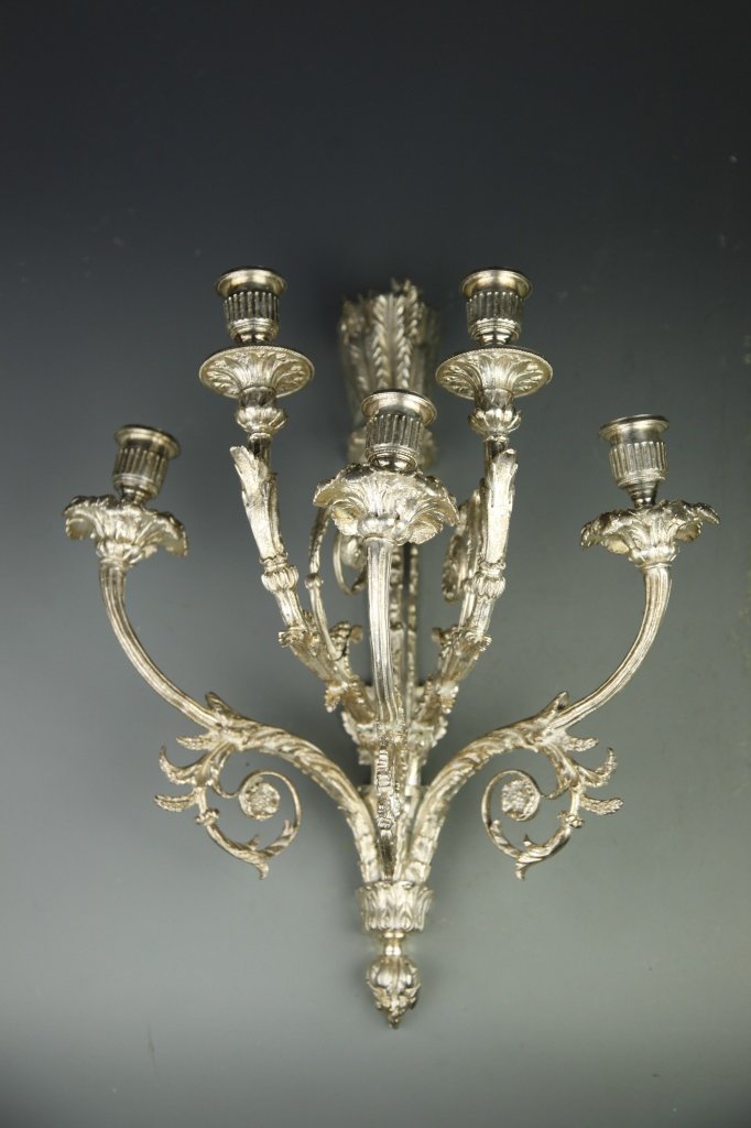 Pair Of Bronze Sconces, Silver Color: A pair of bronze sconces, silver color. 15 1/2 in.