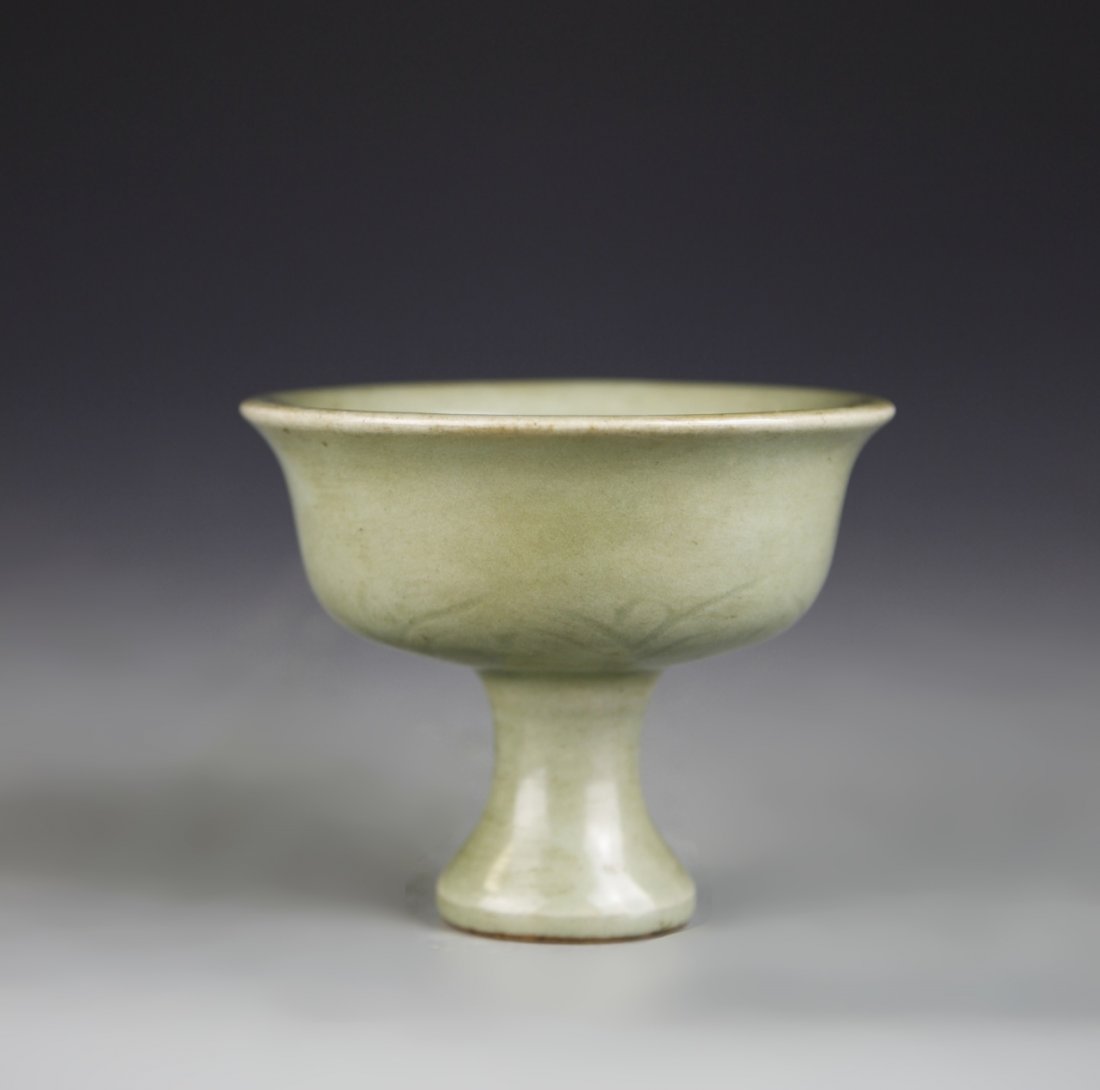 Chinese Lung Quan Yao High Stem Bowl: China, Ming Period, Lung Quan Yao high stem bowl, flared rim, undulating sides on high, pedestal base, speckled gray glaze throughout with mat finish. Height 4 1/4 in.