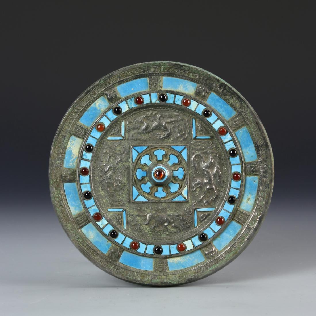 Chinese Antique Bronze Mirror with Turquoise Inlay (1 of 5)