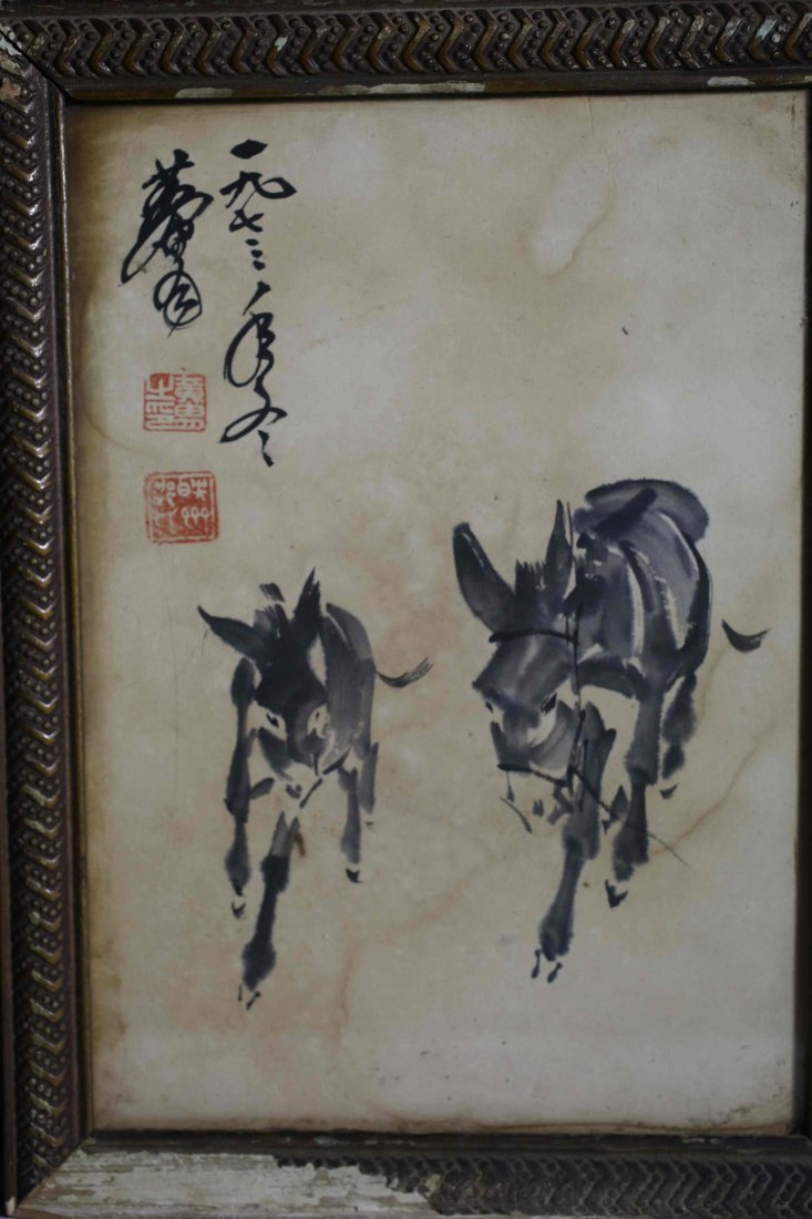 chinese Dual Donkey painting: Old chinese Dual Donkey painting.Huangzou Seal.11.5” x 8.75" 黄胄双驴图