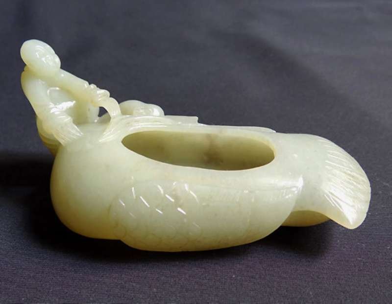 19th’c Chinese Hetian Jade Carved Brush Washer: Exquisite Carved Jade Brush Washer. Size 4 1/2" Long.