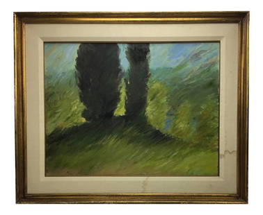 Texas Landscape by Richard Stout C 1960: Landscape" By Texas artist Richard Stout. C. 1960 while at UT austin, oil on canvas presented in an gilt wood frame with linen fillet, areas of water staining to fillet as shown and areas of wear to