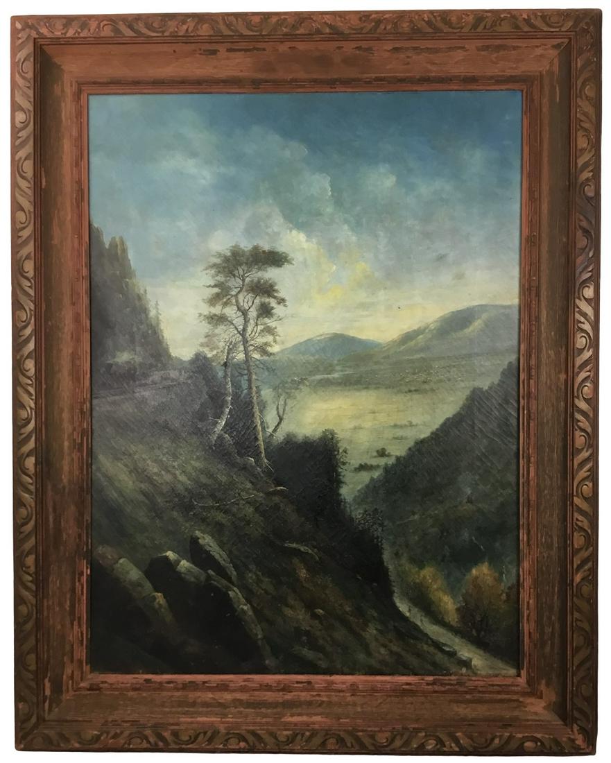 Keith California Landscape, 1879: California Landscape in the manner of William Keith depicting a California valley and a lake town, a river with people on the bank sets below the mountain with a train rounding the bend. Signed and da