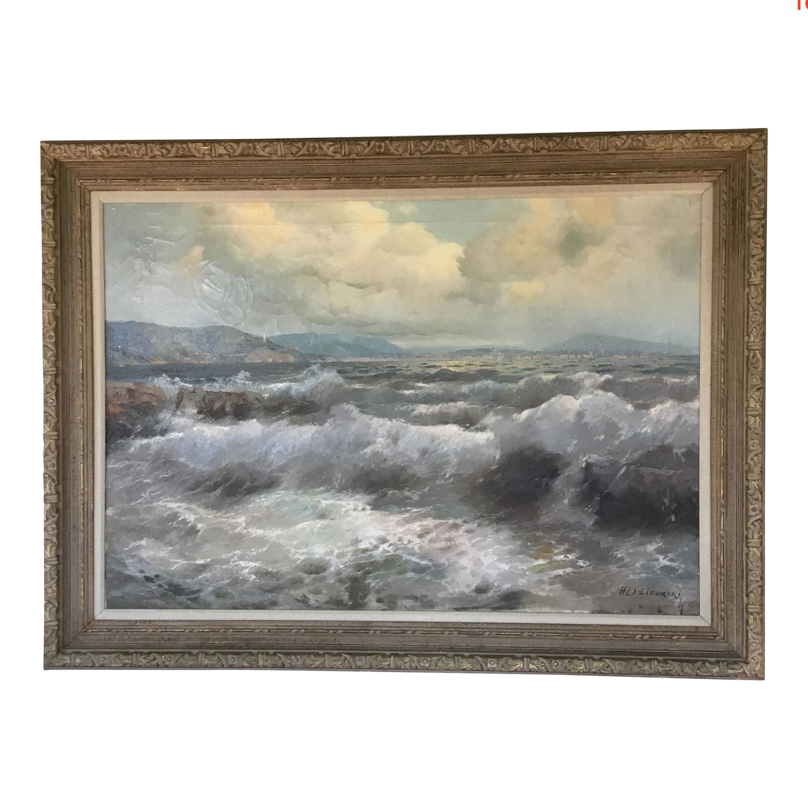 Alexander D'Zigurski Coastal Seascape painting: A gorgeous realist California coastal seascape. Along the horizon you can glimpse the coastal town and light house by Alexander D'zirgurski ( American 1911-95), circa 1970. Signed lower right, present