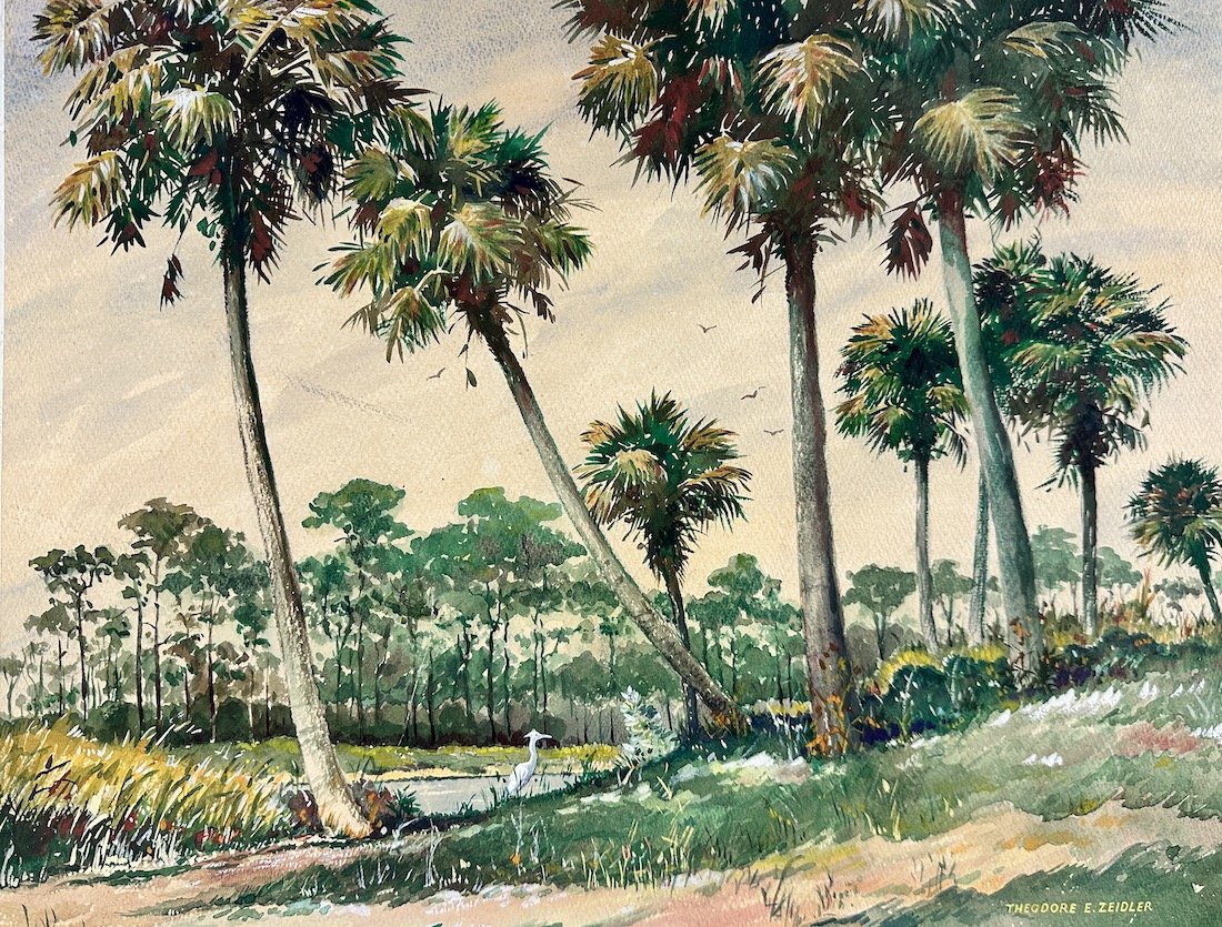 Theodore Zeldler Everglade Scene 1958: Theodore Zeldler (1888-1965) Everglade scene, 1958. Watercolor on paper. Overall 22"W x 15"H, Image,17.75"W x 13.75"H