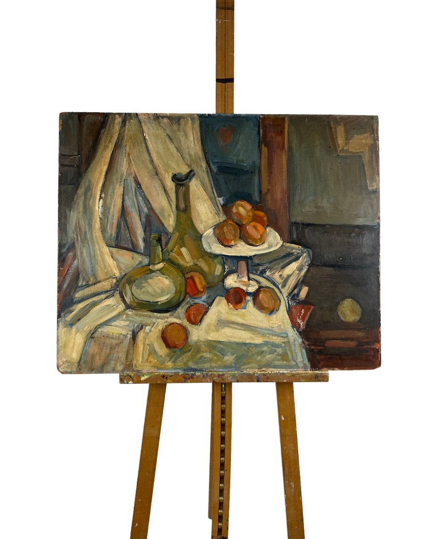 Mid Century Still Life: Mid Century oil on masonite still life. Signed illegibly on verso. Areas of paint loss overall paint is stable. Dimension, 30"W x 24"H