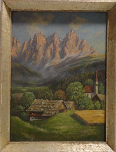 German Village by Felix Kiby: Oil on board of a german mountain village. Signed lower right "Felix Kiby." inscribed in german on verso. Presented in a gold leaf frame. 13"L x 1.5"W x 17"H.