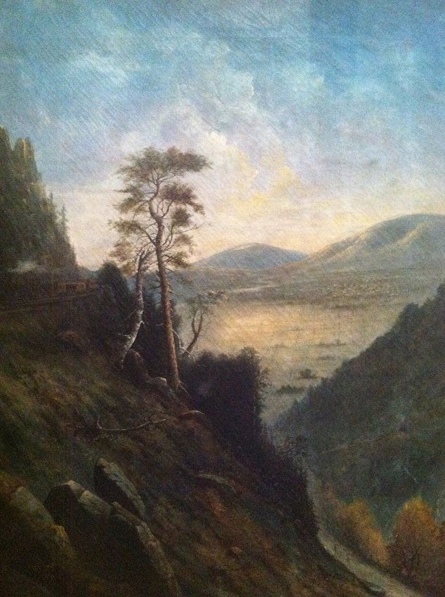 Very Large William Keith Landscape 36" x 46": Large scale oil on canvas by William Keith, depicting a train going around a mountain pass with the valley below. Know for his dramatic landscapes this is a landmark work by the artist. Signed lower l