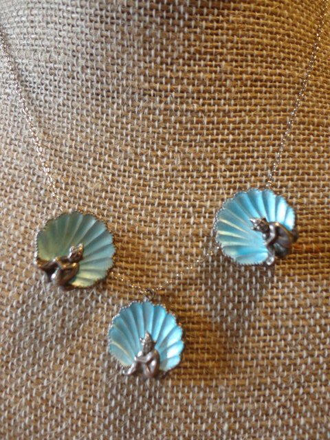 English Sterling Pixie Set: Vintage necklace and earring set, Enlglish silver, pixies in blue enamel shells.