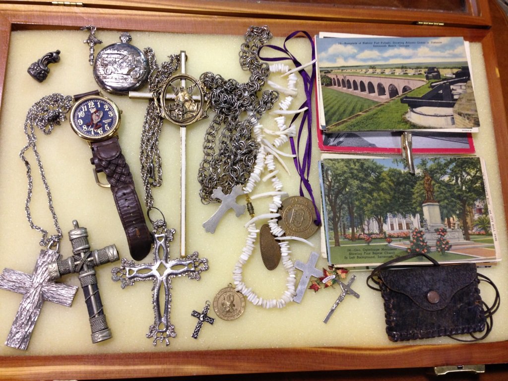 20PC JEWELRY LOT: MISC. 20+ PC LOT, POSTCARDS, POCKETWATCH, NECKLACES & MORE. DISPLAY SHADOW BOX NOT INCLUDED